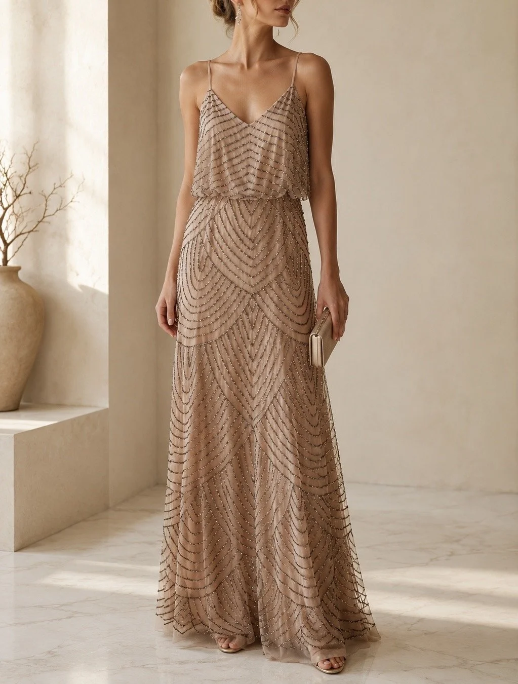 Adrianna Papell Beaded Champagne Maxi Gown | Women's Size 10 Formal Dress