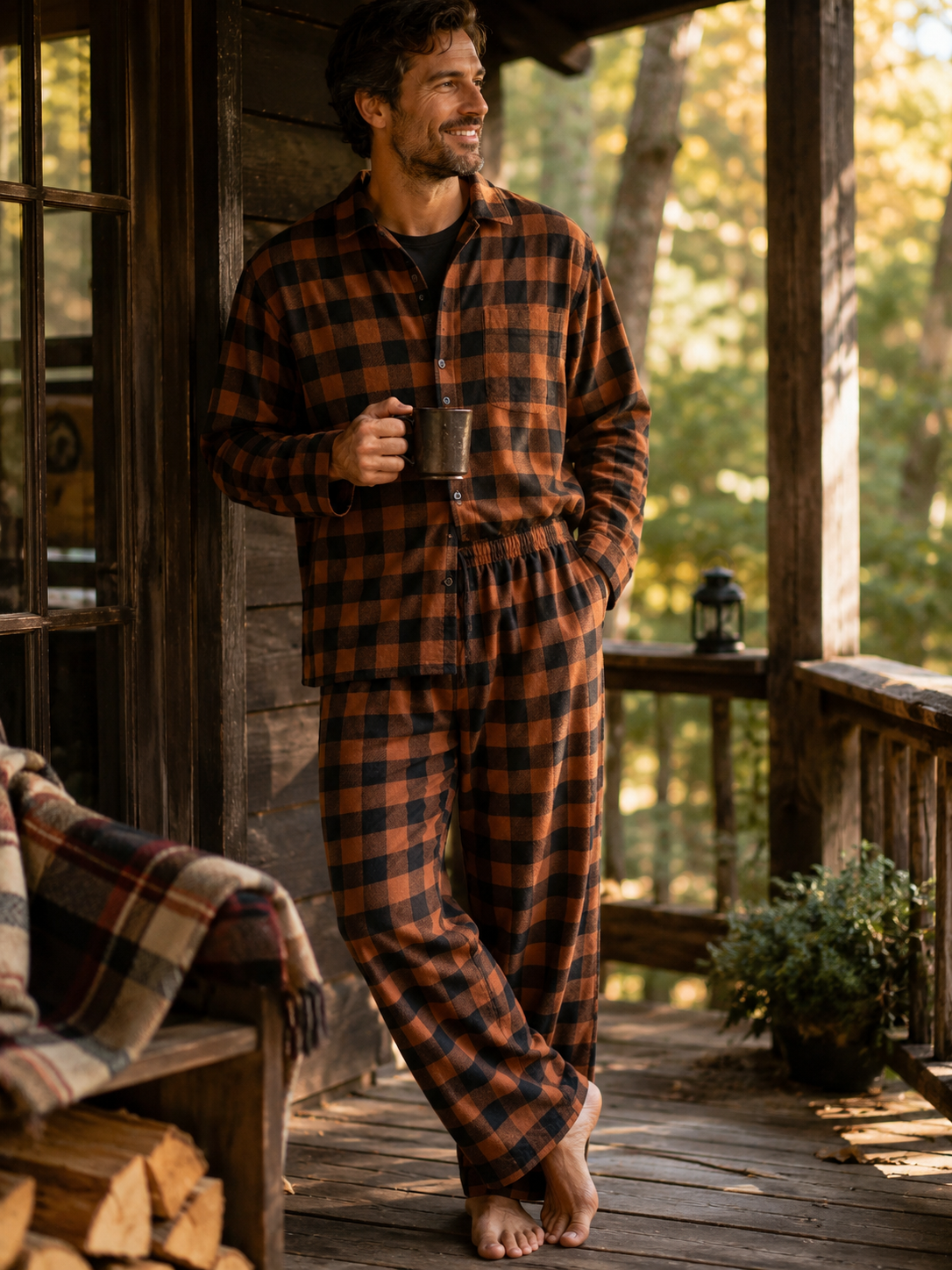 SKIMS Men’s Buffalo Plaid Flannel Pajama Set – Size Large