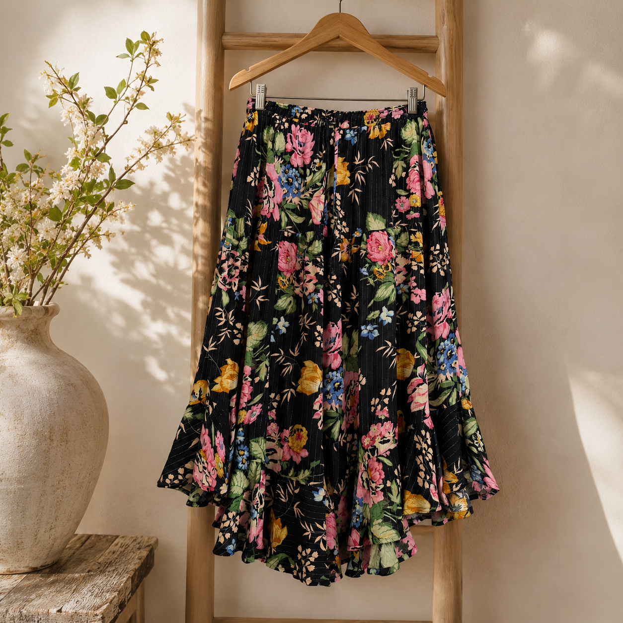 Auguste Floral Midi Skirt | Black Pink Botanical Print | AU 12 / US 8