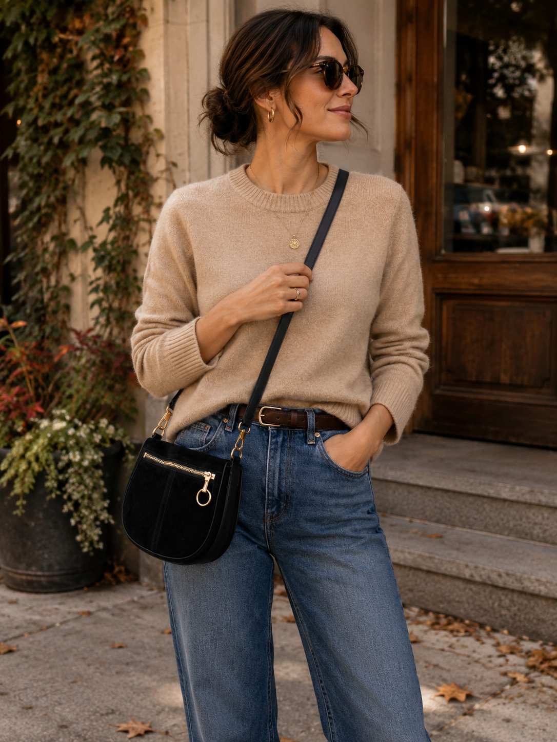 Elizabeth and James Black Suede Crossbody Bag with Gold Hardware