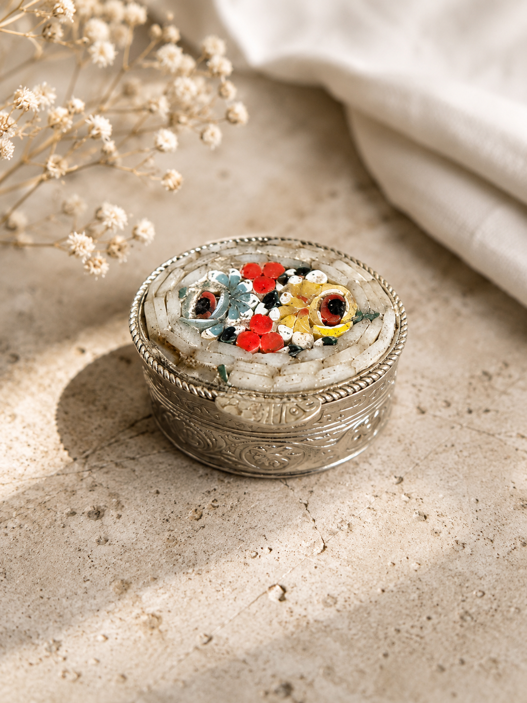 Vintage Villani Italy Floral Micromosaic Pill Box