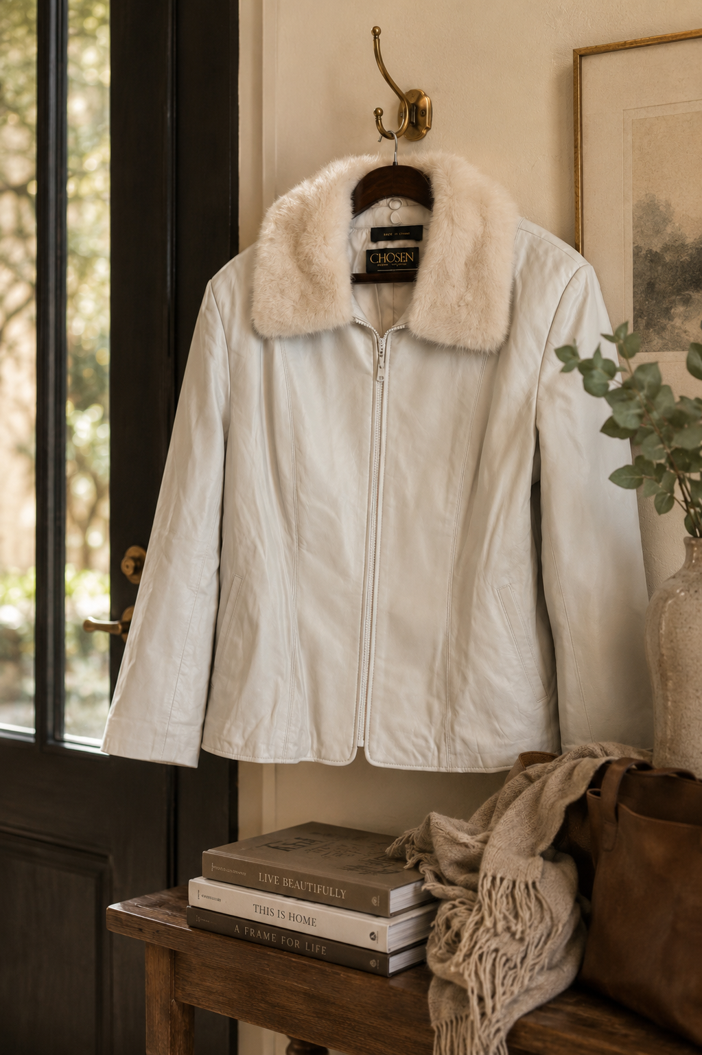 Chosen Couture Collection White Lamb Nappa Leather Jacket with Natural Mink Collar – Size L