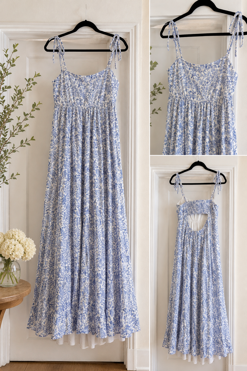 Rhea & Thea Blue Floral Tie-Shoulder Maxi Dress – Size Small