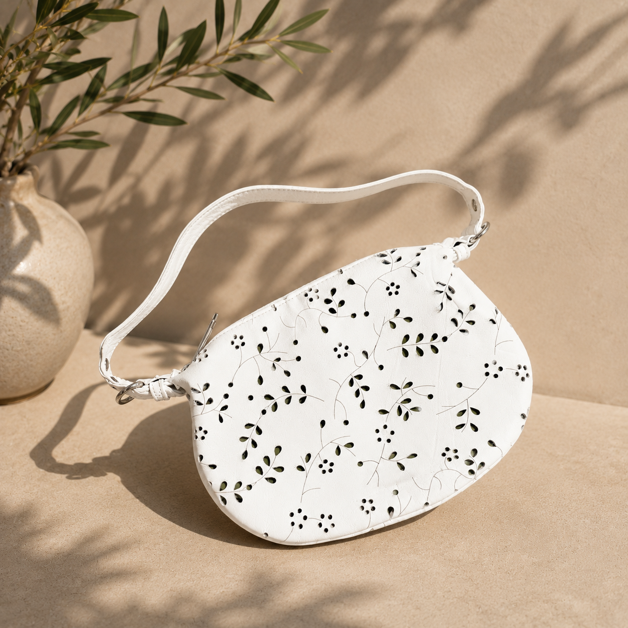 Cecconi Piero White Floral Cutout Italian Leather Shoulder Bag | Made in Italy