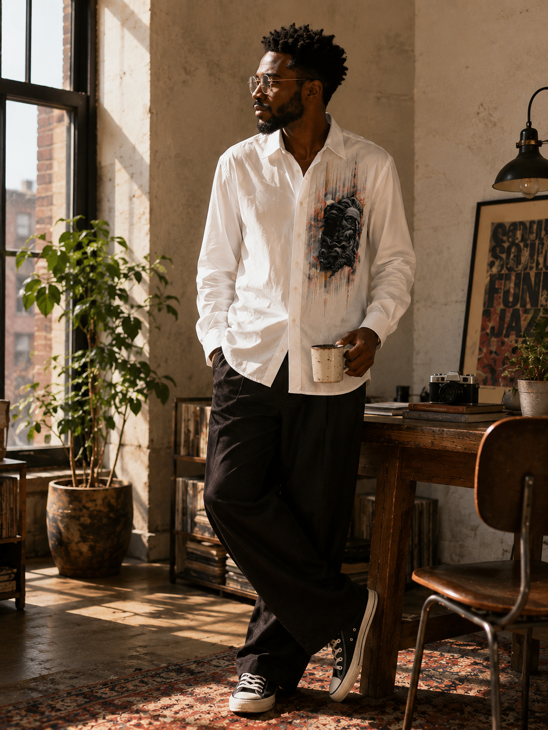 Kalmin Ross White Greek God Graphic Button-Down Shirt – 2XL