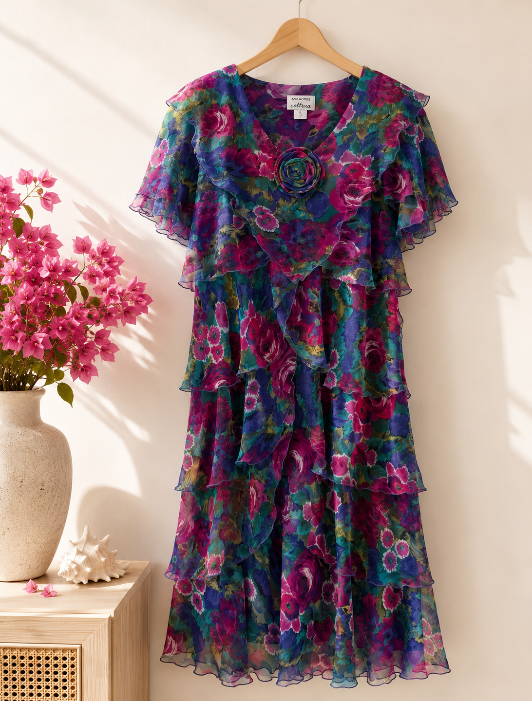 Ann Hobbs for Cattiva Floral Chiffon Tiered Dress with Rosette – Size 6