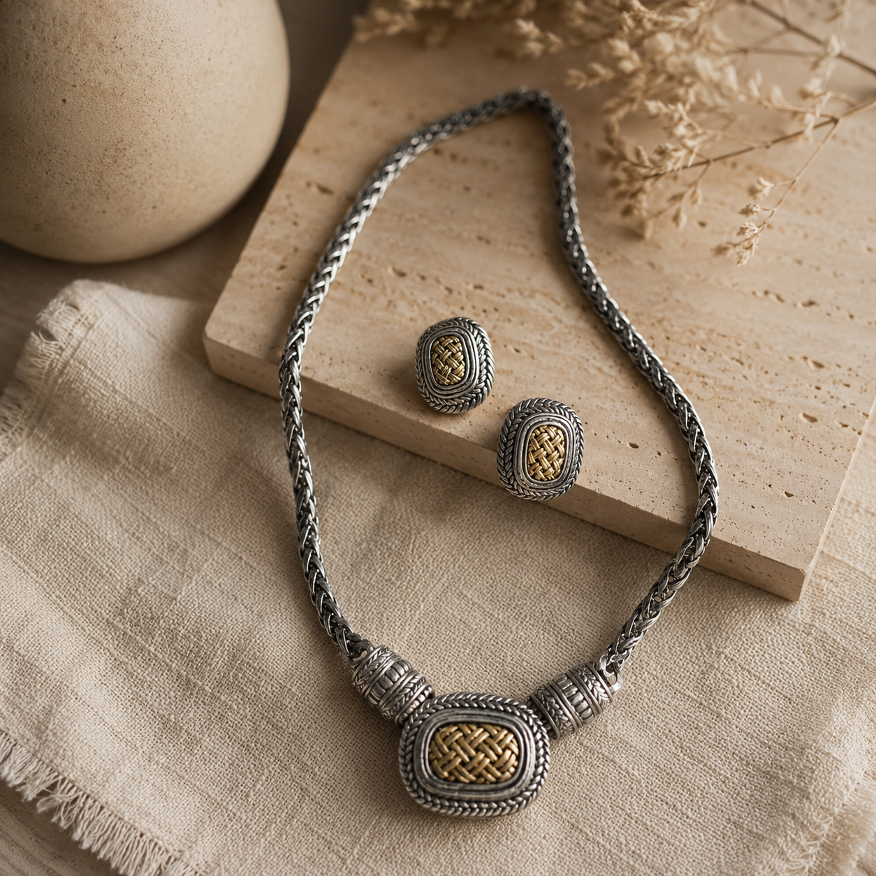 Vintage Silver & Gold-Tone Woven Necklace & Clip-On Earrings Set