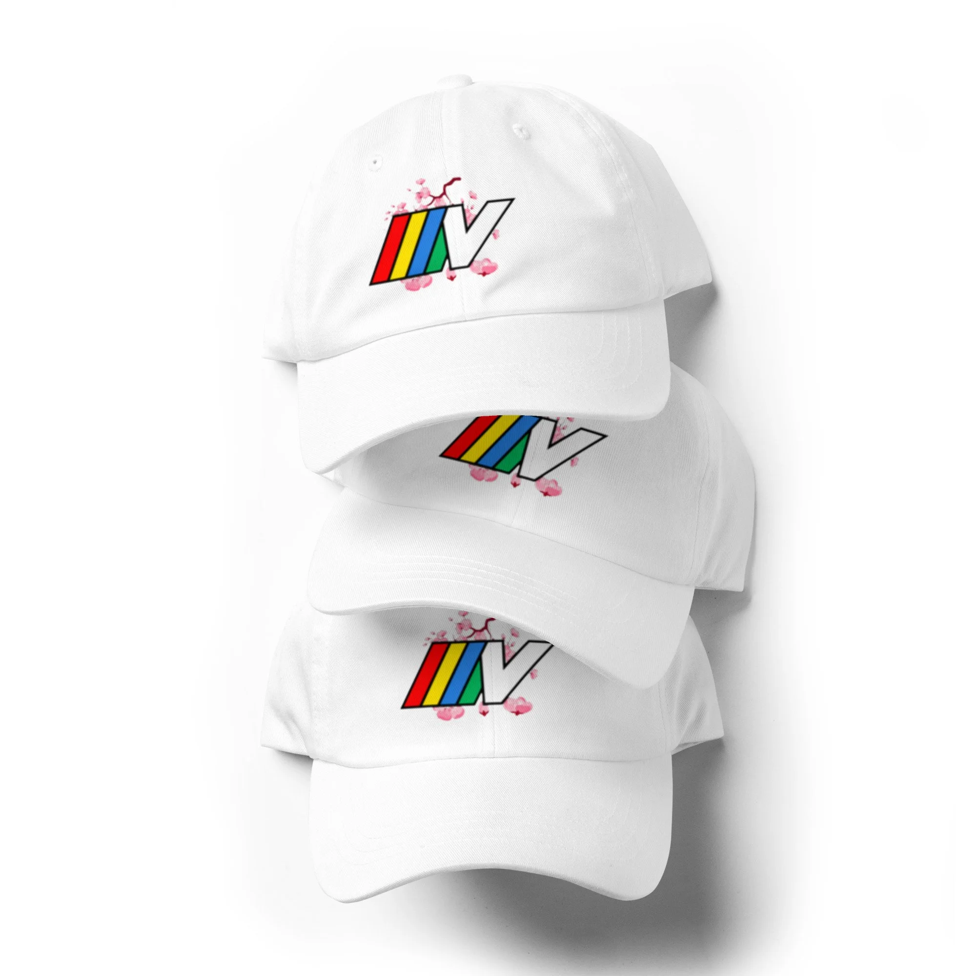 A white baseball cap featuring a colorful logo with red, yellow, blue, green, and white stripes and pink cherry blossom designs beneath the logo.