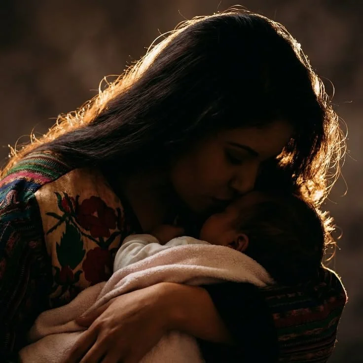 A woman holding a newborn baby, tenderly kissing the baby's forehead in a warm, intimate moment.