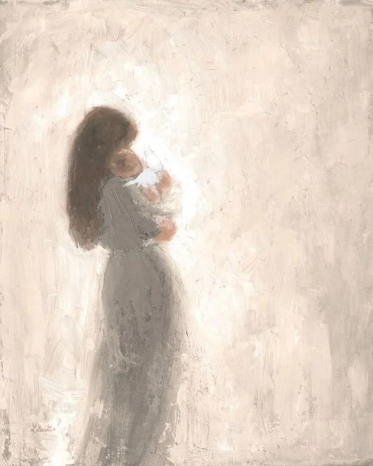 An impressionistic painting of a woman with long hair holding a small dog or puppy against a neutral background.