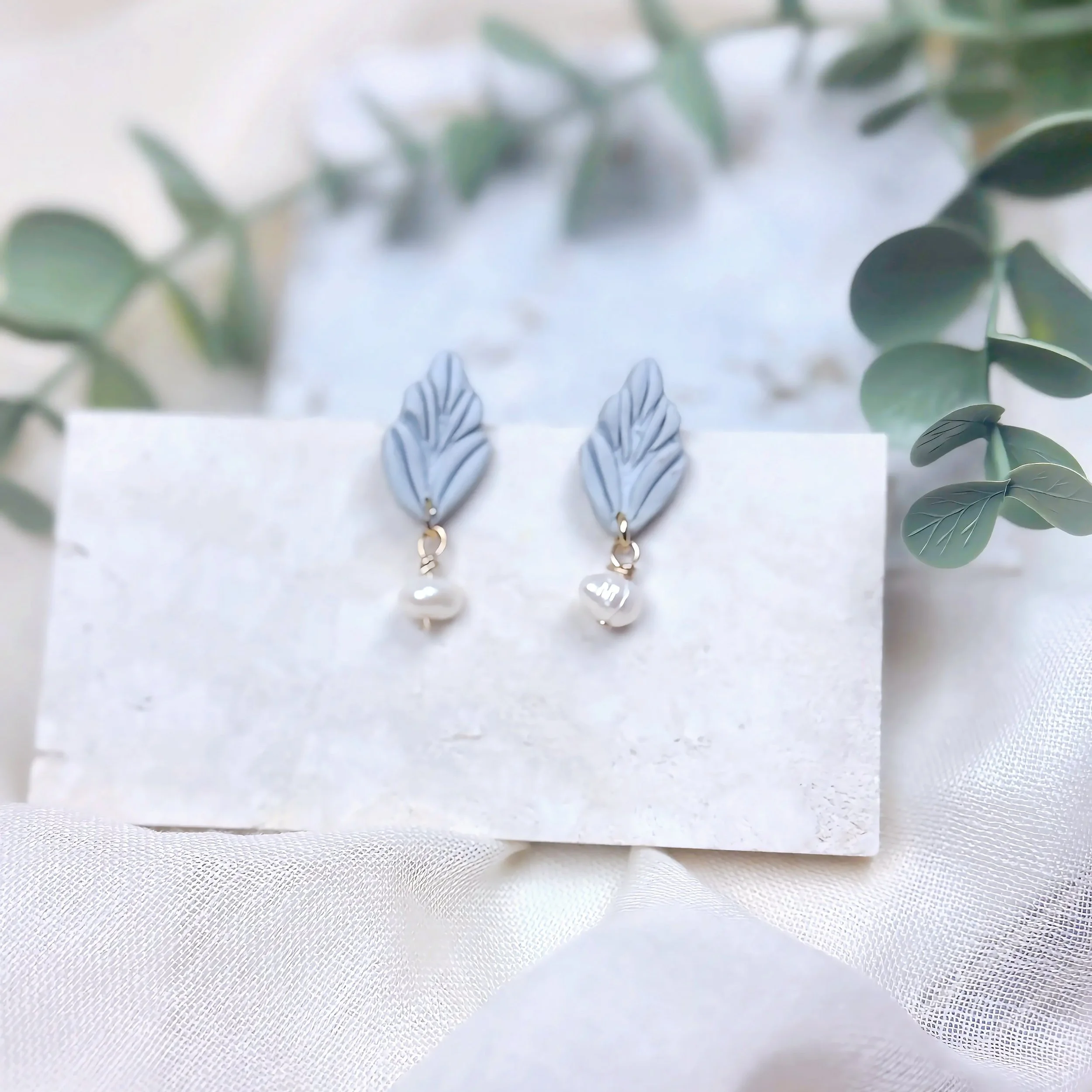 Dusty Blue Leaf Studs with Freshwater Pearl Drop