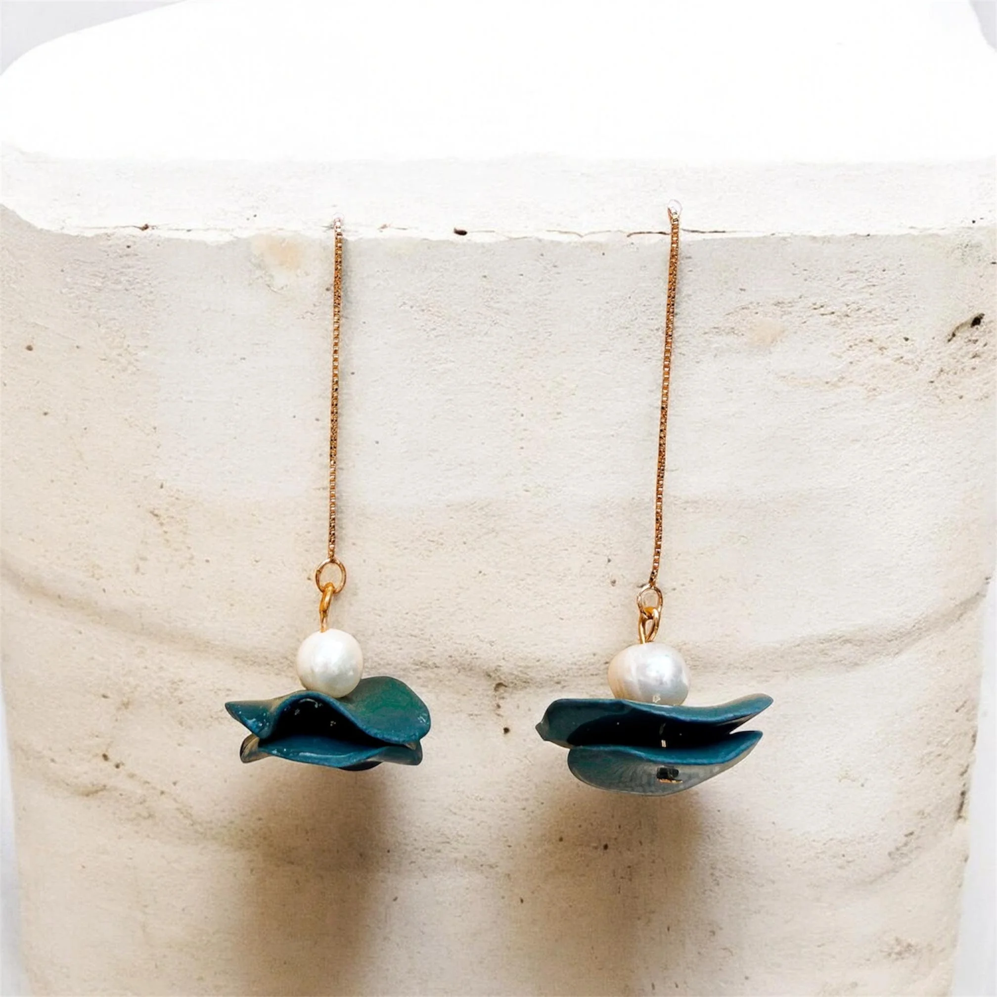 Teal Wave & Pearl Threader Earrings