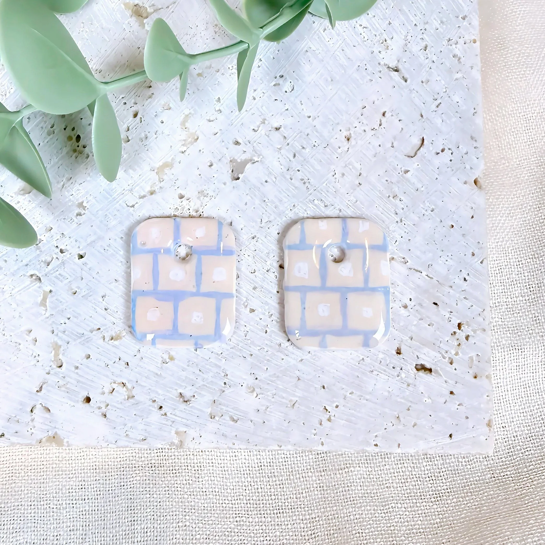 Cream & Blue Grid Square Earrings — Interchangeable