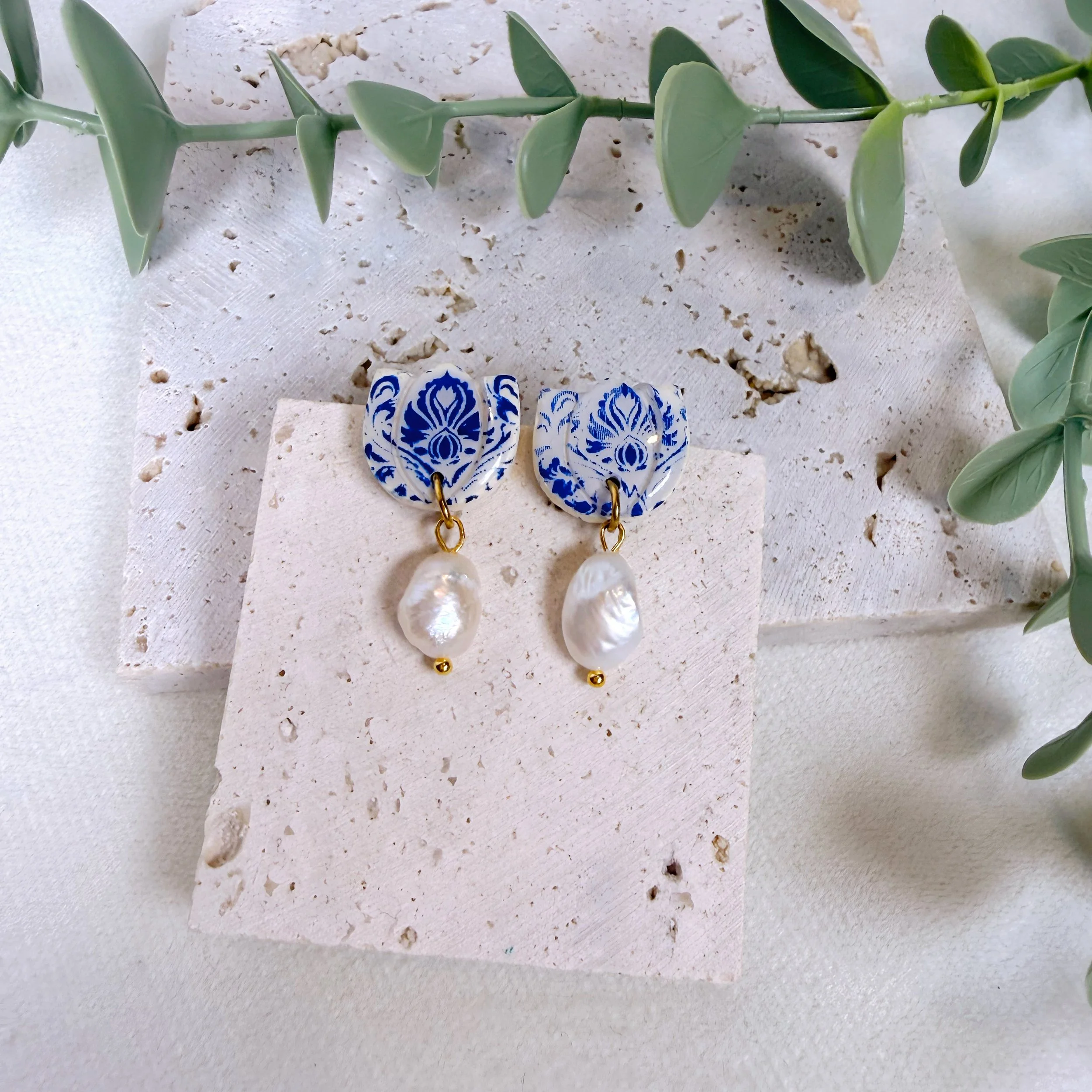 Blue Damask & Baroque Pearl Drop Earrings