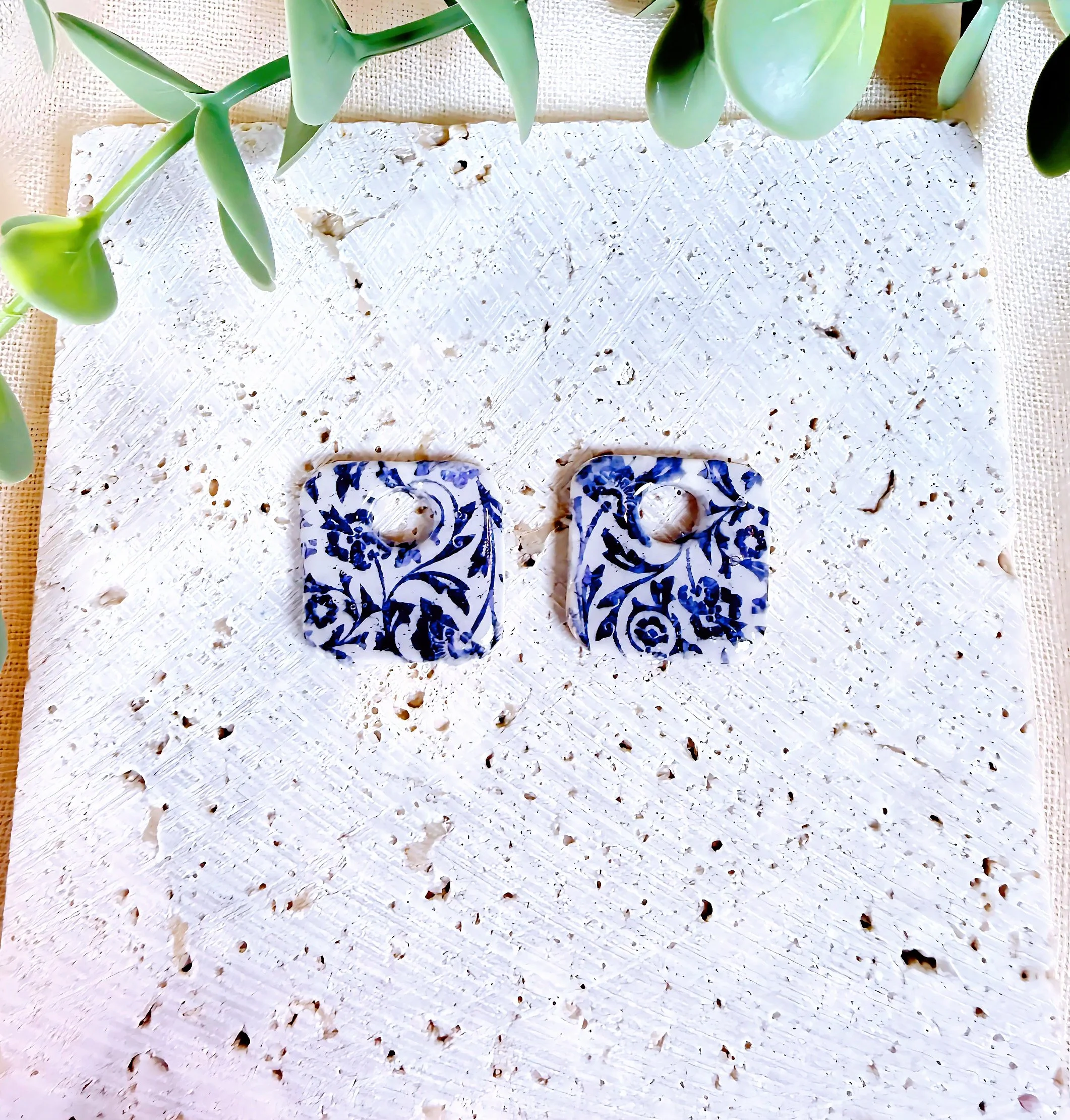 Blue & White Mosaic Square Earrings— Interchangeable
