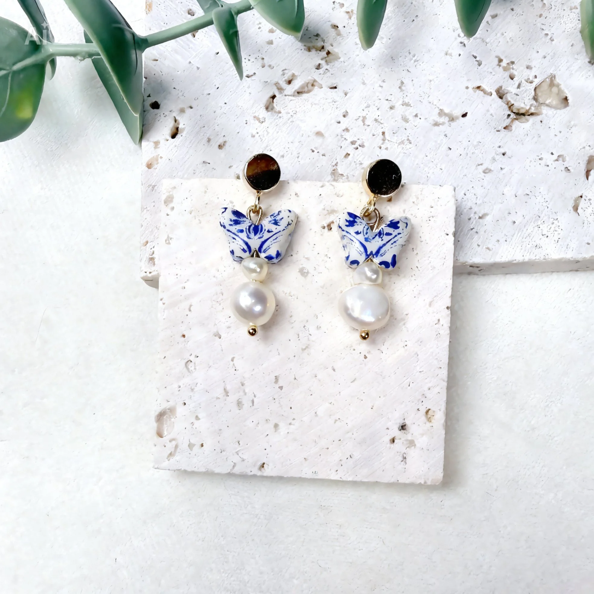 Blue Damask Butterfly & Pearl Drop Earrings
