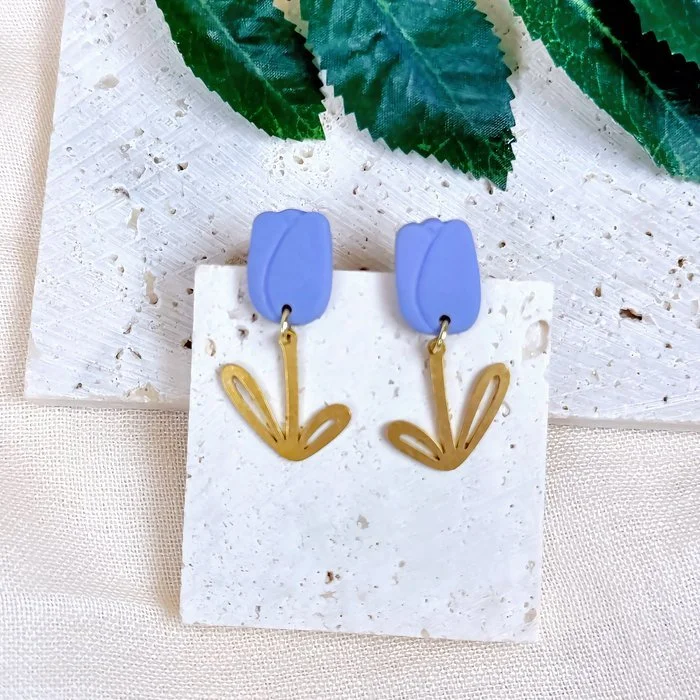 Periwinkle Tulip & Gold Stem Dangles
