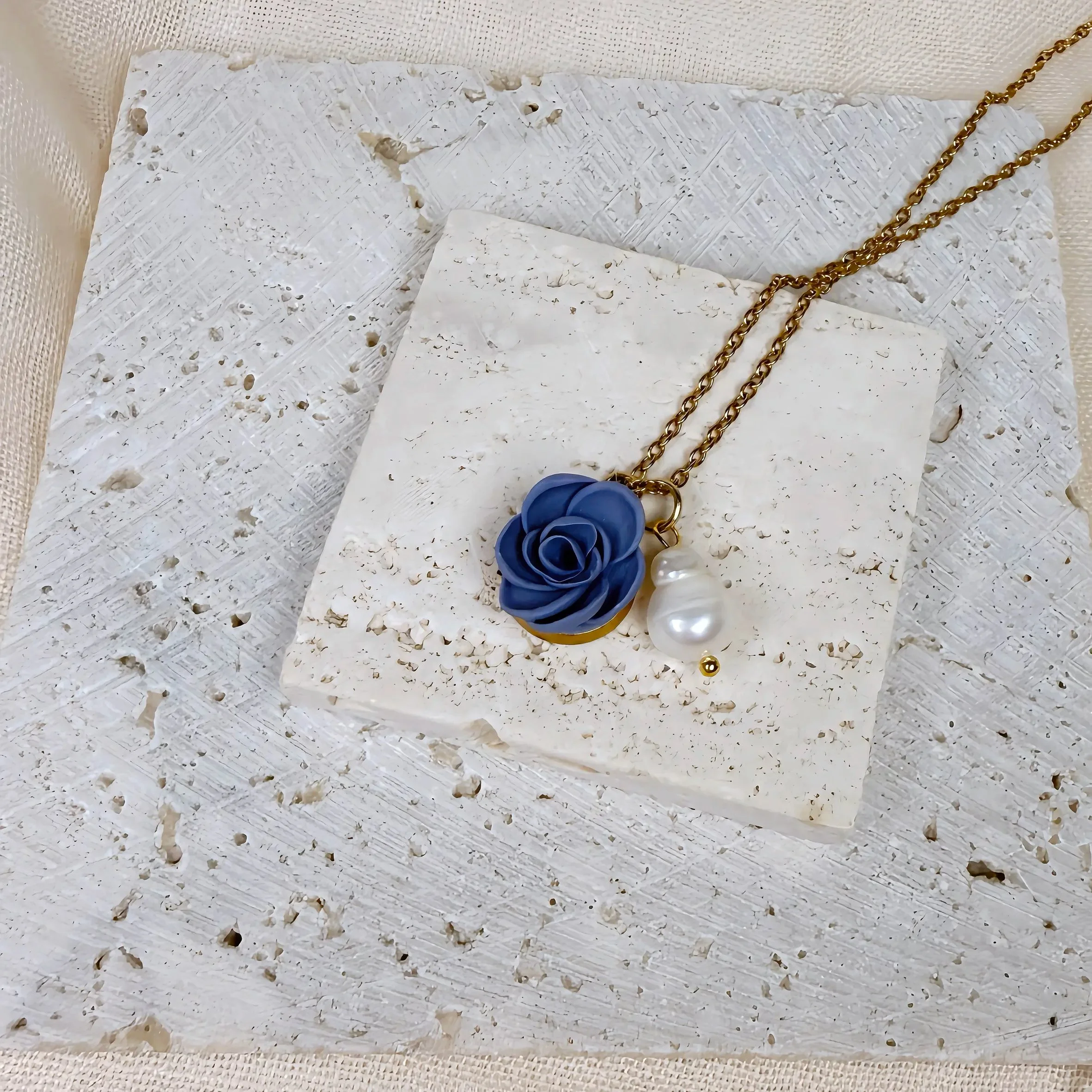 Blue Rose & Pearl Charm Necklace