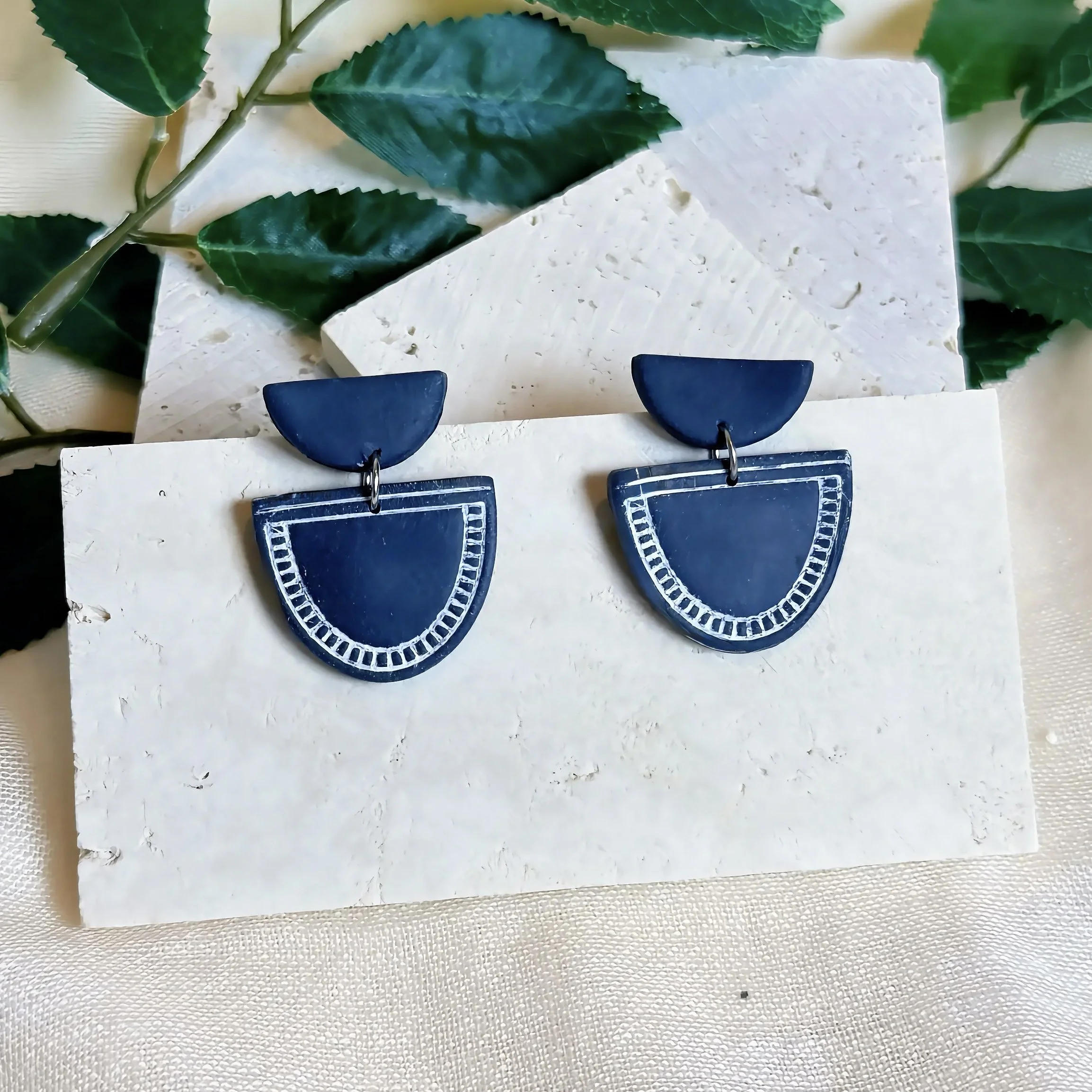 Navy Semicircle Fan Earrings