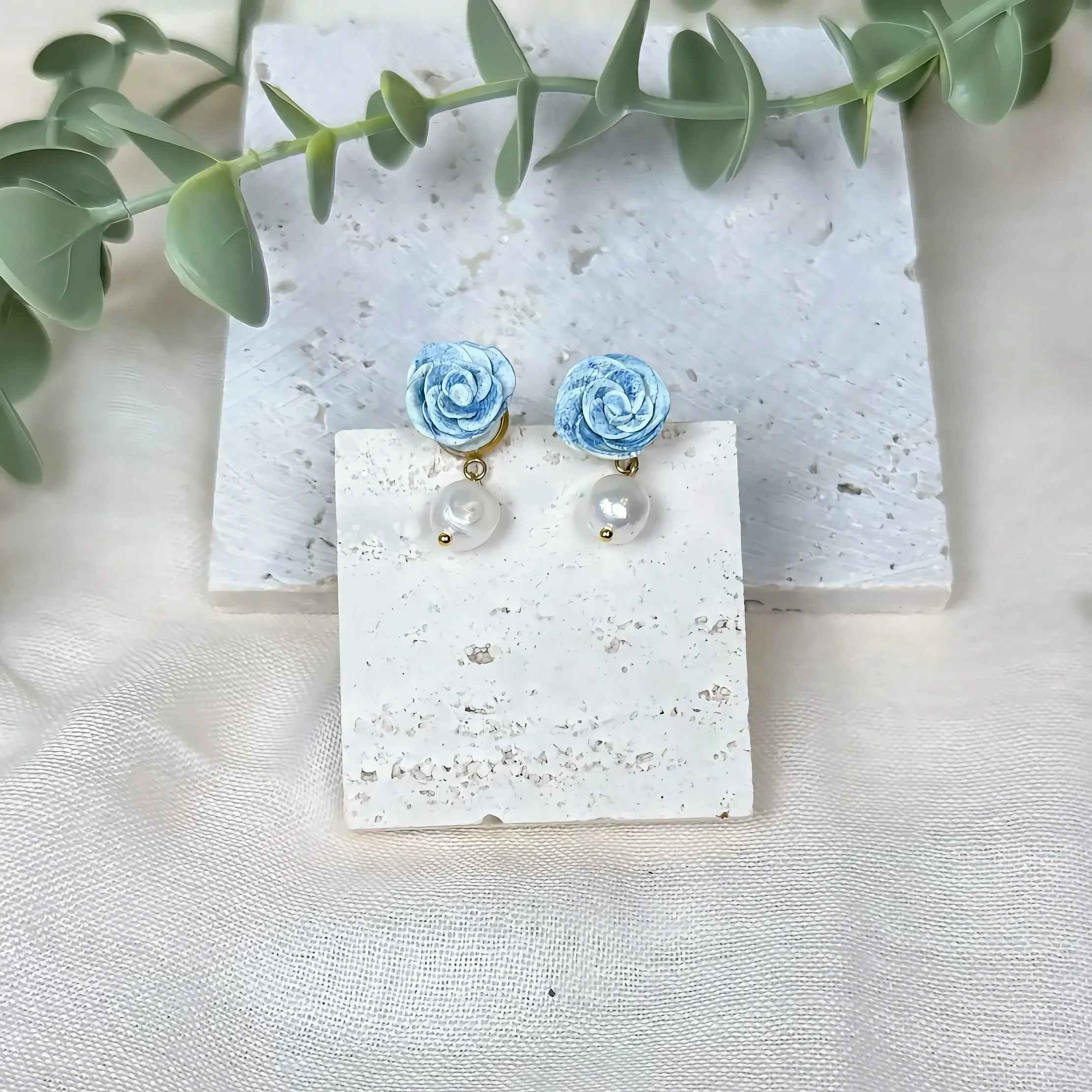 Dusty Blue Rose Pearl Drop Studs