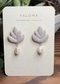 Lavender-Gray Lotus & Pearl Drop Earrings