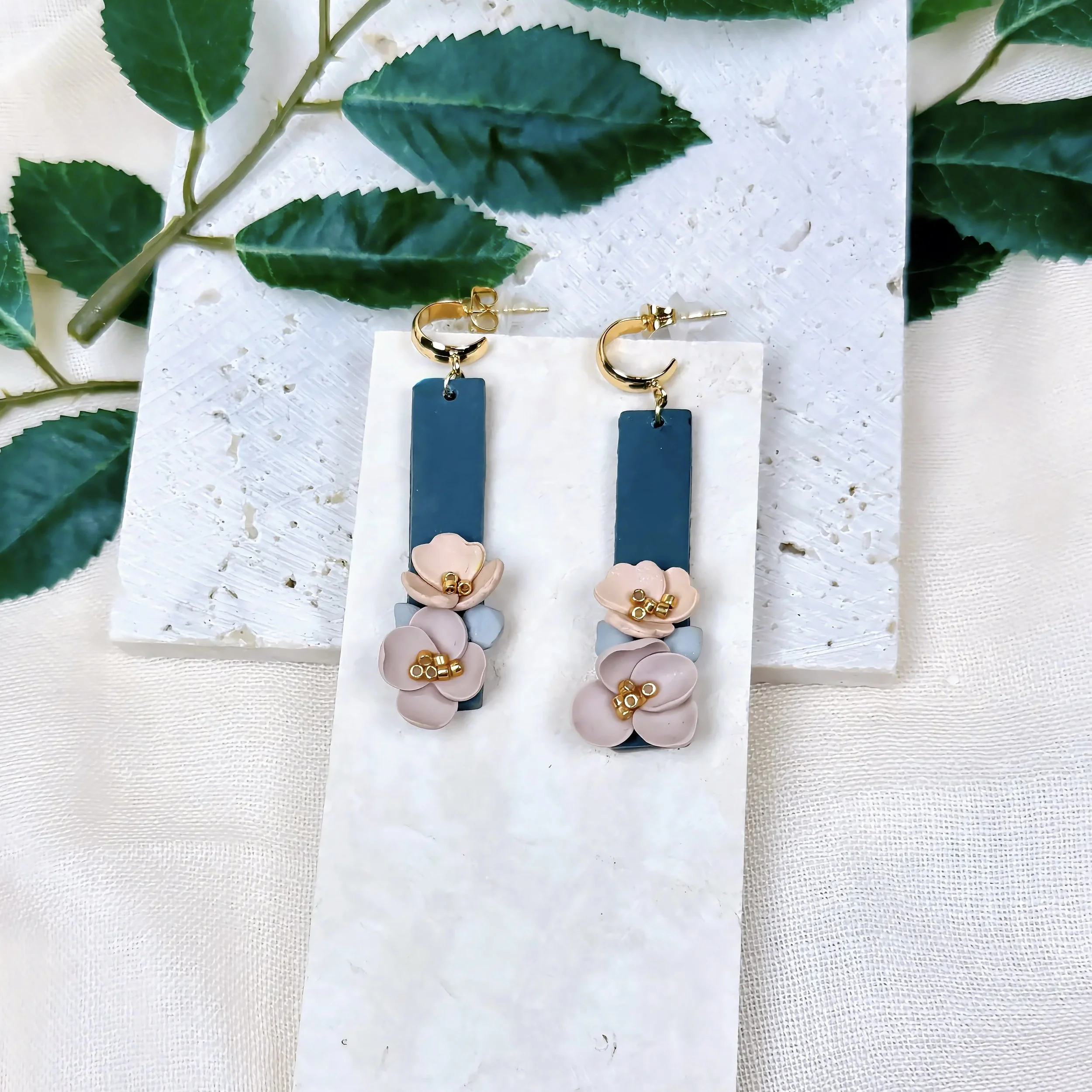 Teal Bar & Blush Floral Drop Earrings