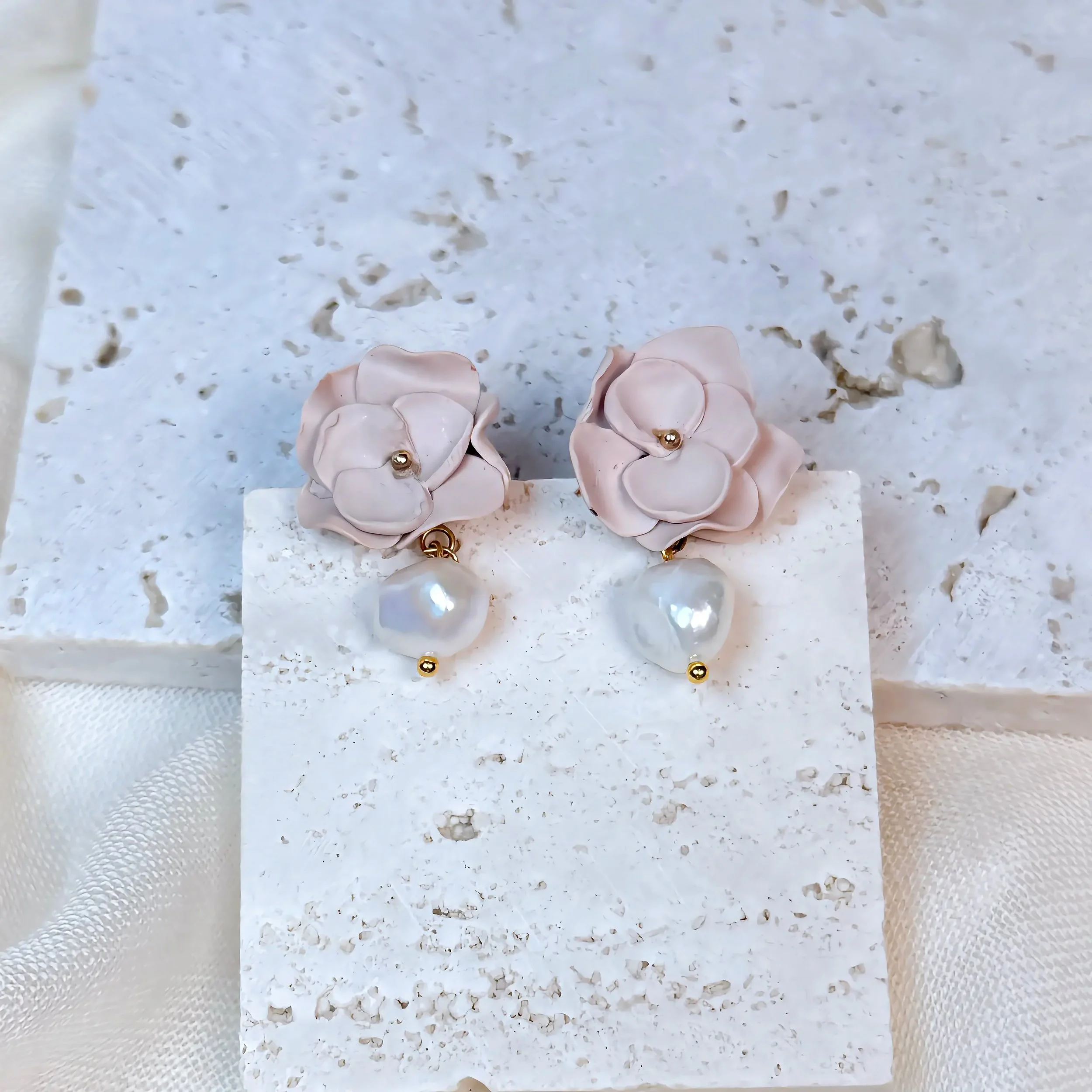 Blush Camellia & Baroque Pearl Drop Earrings