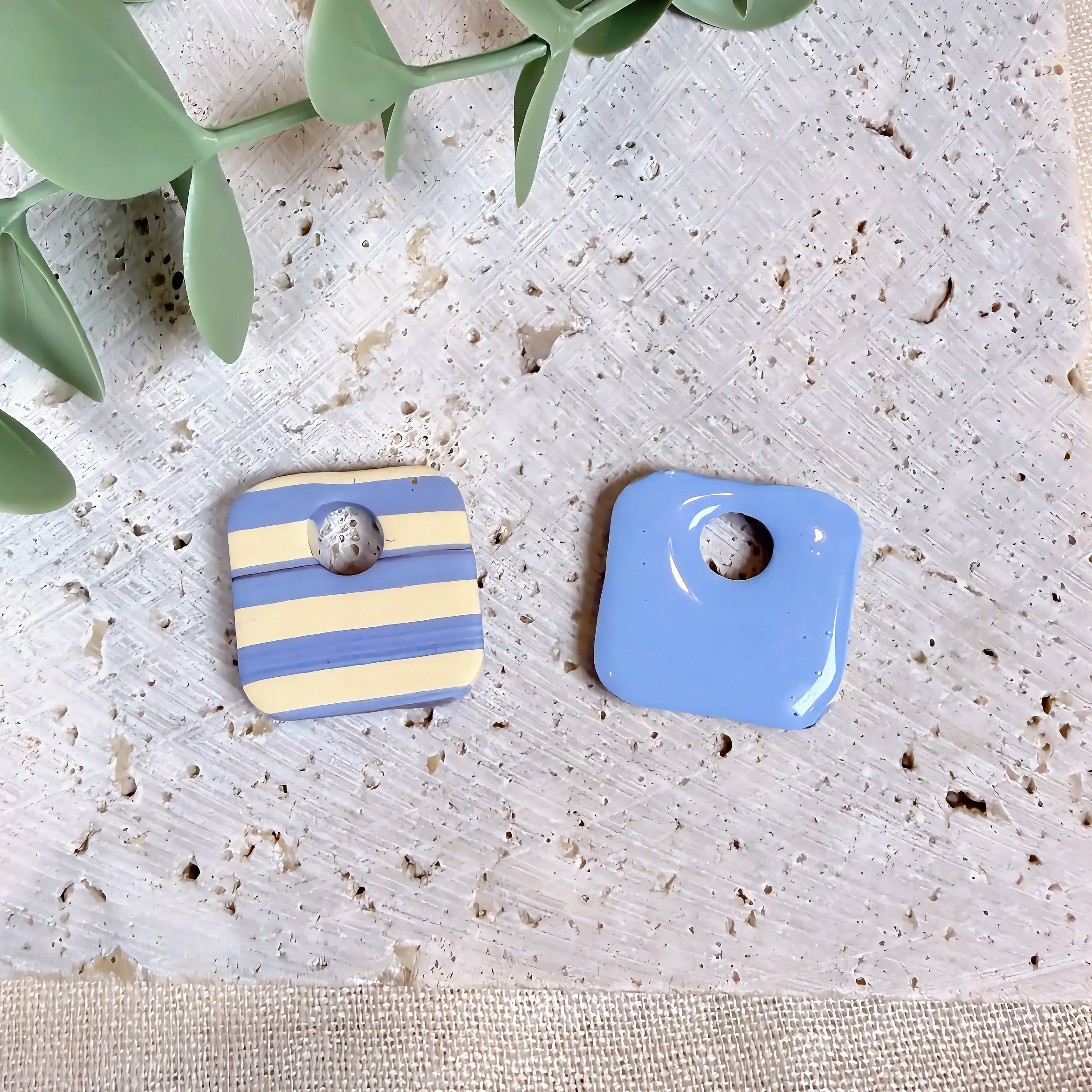 Double-Sided Blue & Cream Stripe Square Earrings - Interchangeable