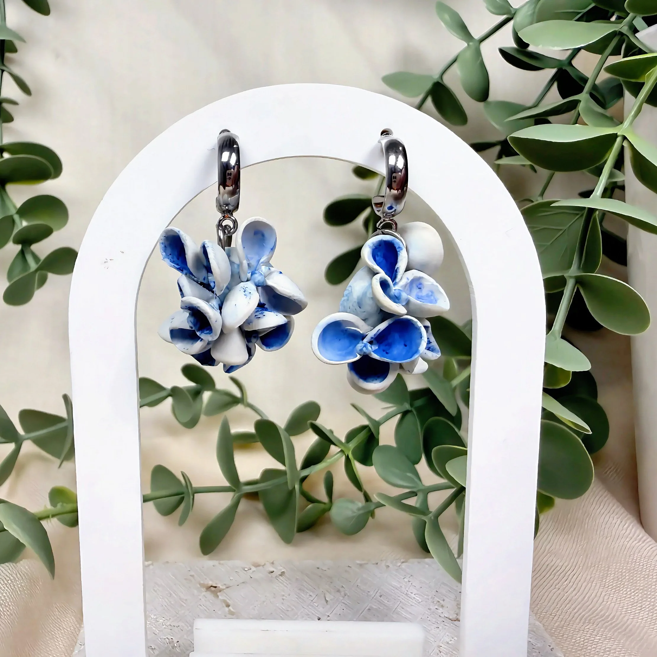 Sapphire Marbled Flower Cluster Hoop Dangles