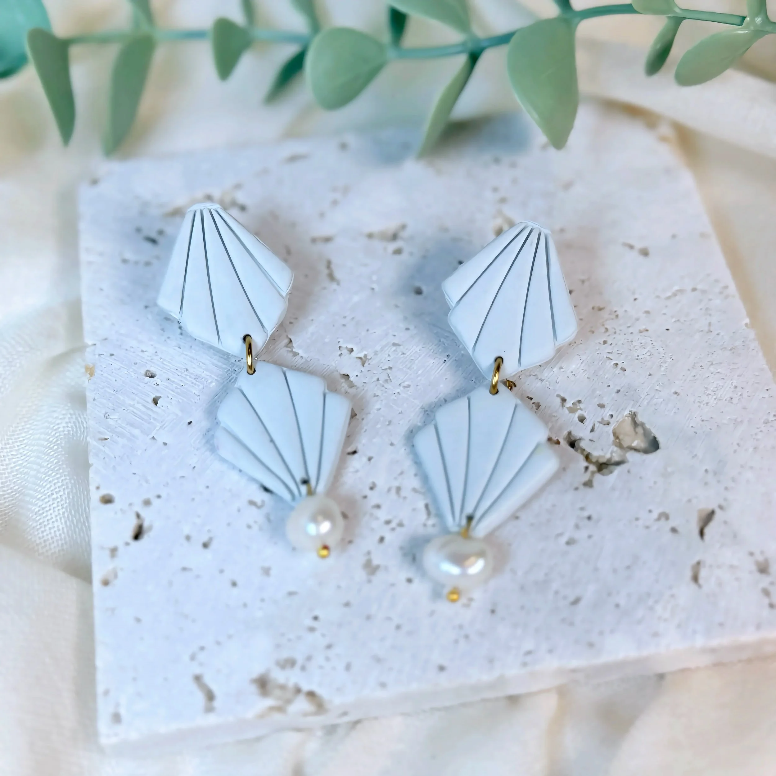 Pale Blue Art Deco Fan Earrings with Pearl Drop