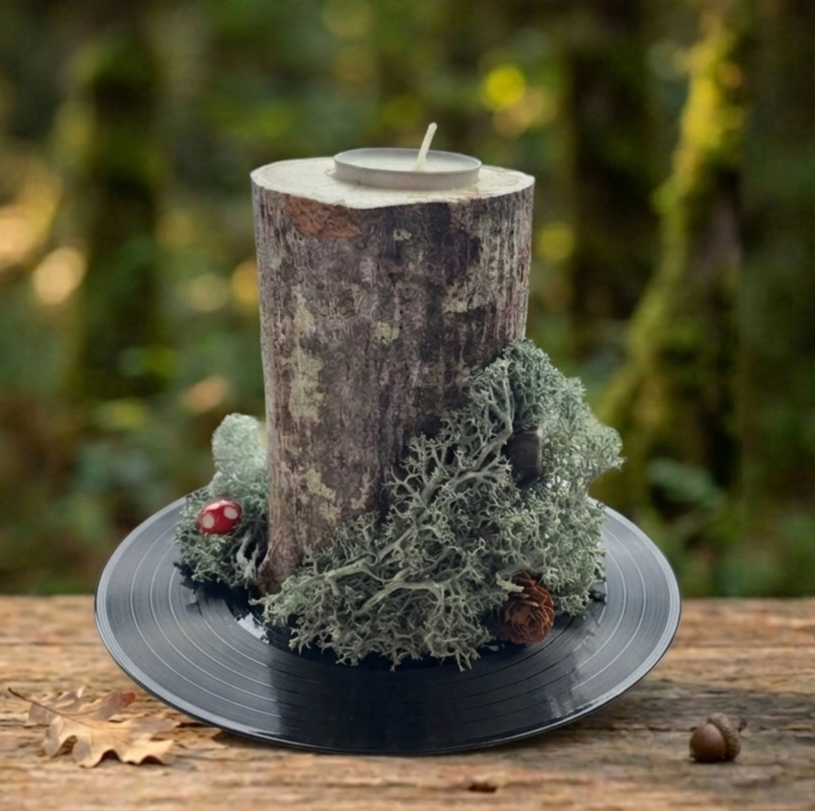 The Forever Log Candle: Reusable Wood Slice with Vintage 45 RPM Base