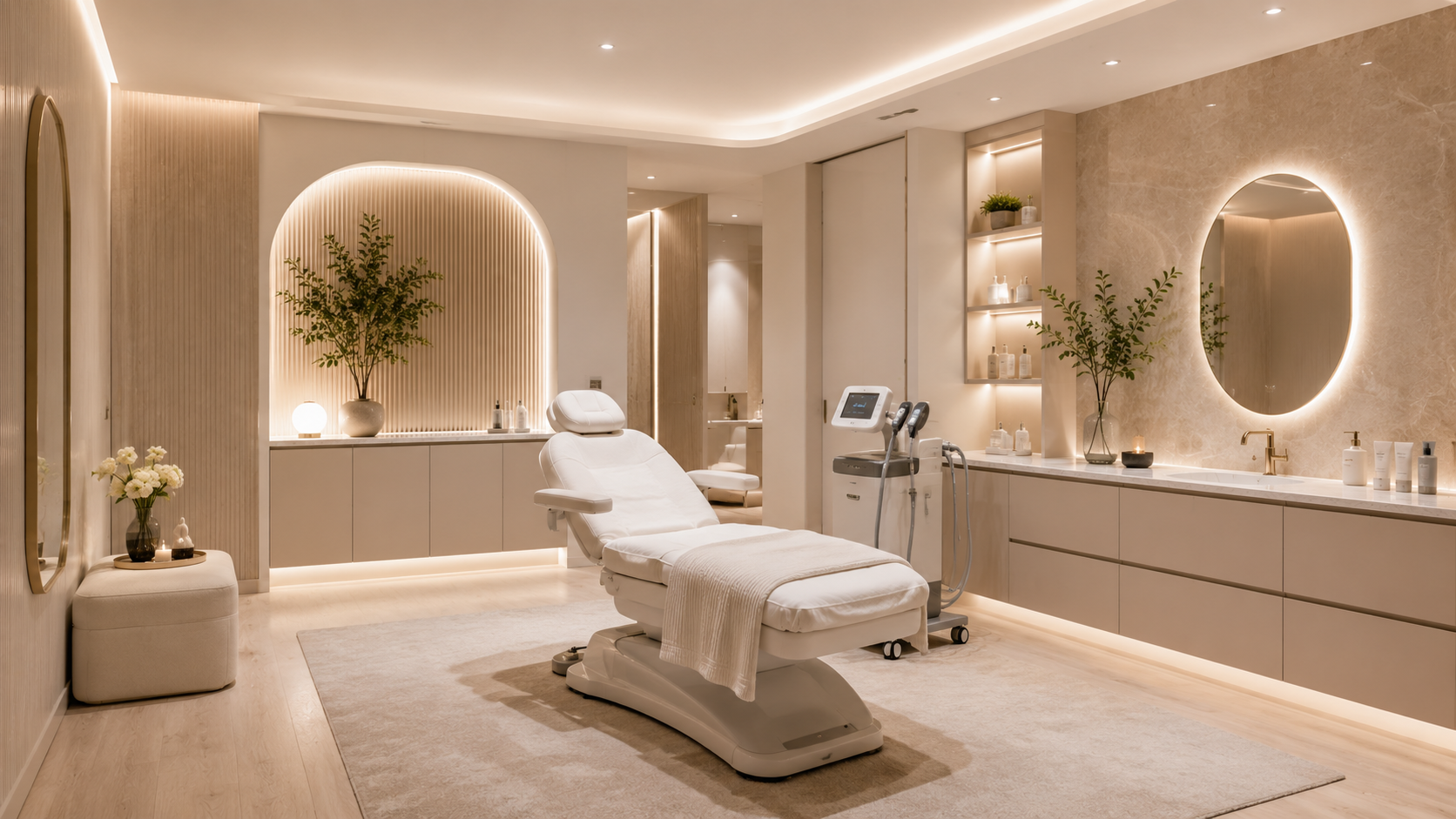 Medical examination chair in a modern, clean clinic room with wooden cabinets and shelves.