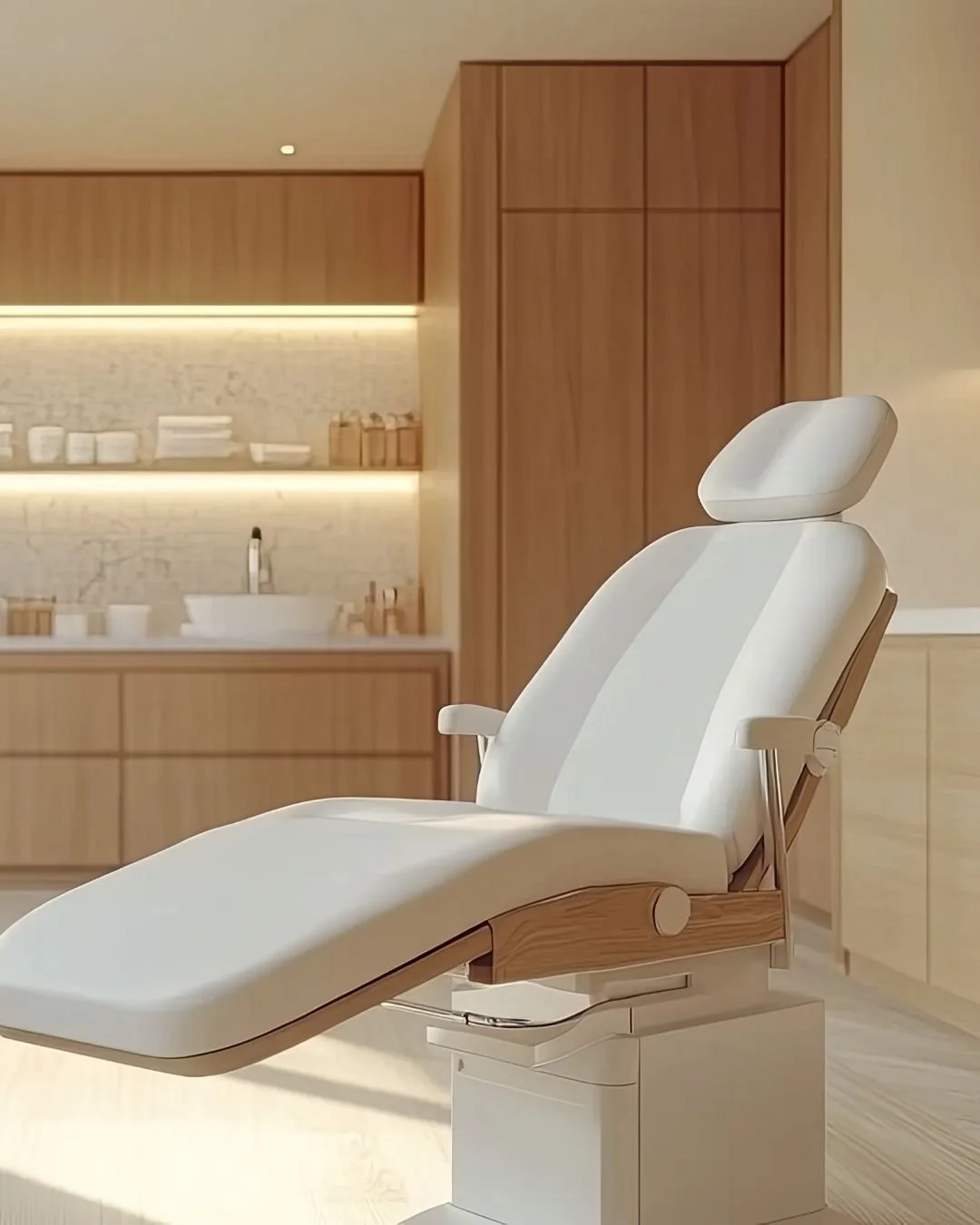 Modern dental office with dental chair, equipment, and large window with vertical blinds allowing natural light.
