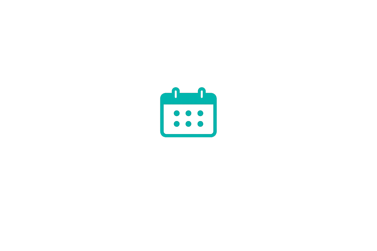 A digital icon of a calendar with a teal border and teal hanging loops, showing six dots representing dates, set against a dark, futuristic digital background.