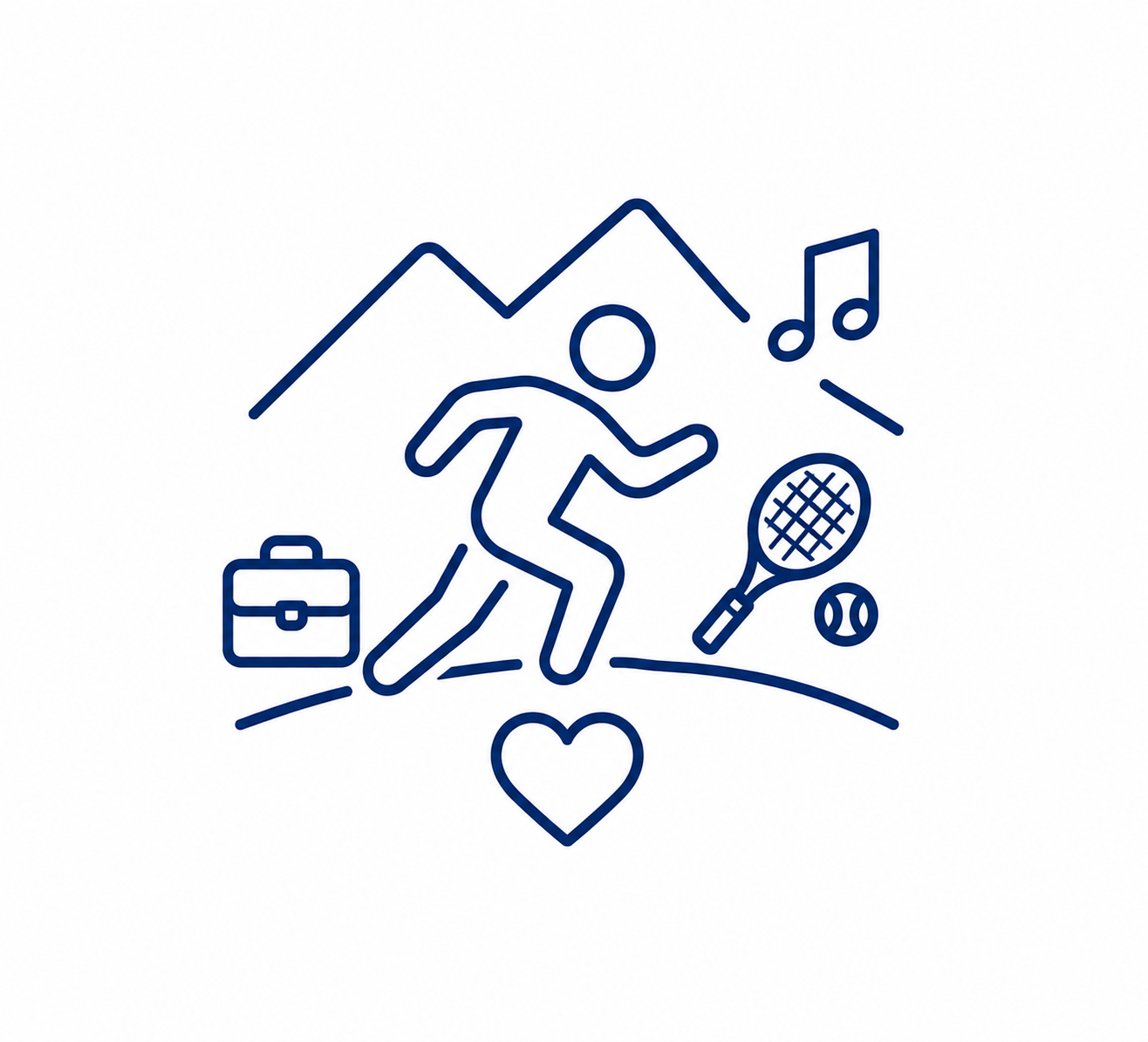 Line drawing of a person running with mountains in the background, a briefcase, a heart, a tennis racket, a tennis ball, a music note, and a golf club.