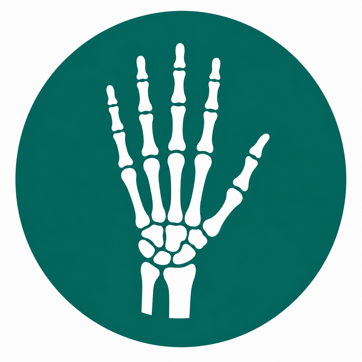 Medical sign with white skeletal hand graphic on a green circular background.