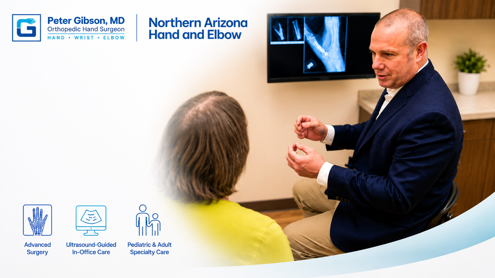An orthopedic hand surgeon discussing hand, wrist, and elbow treatment options with a patient in Flagstaff, Arizona.