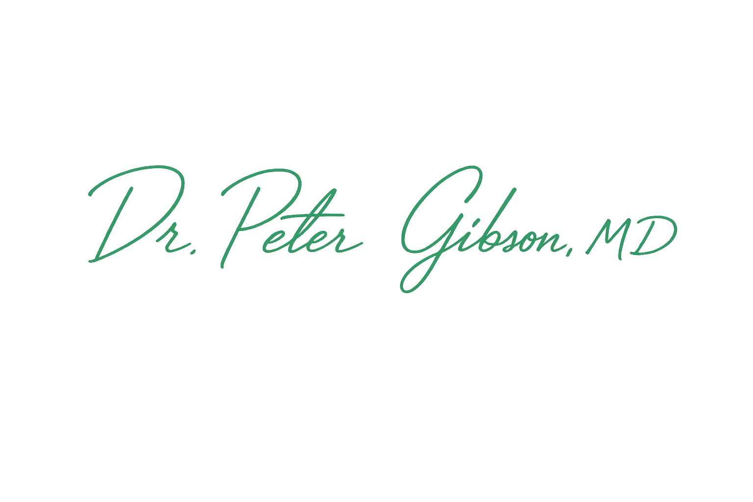 Signature-style text reading 'Dr. Peter Gibson, MD' in green cursive font on a black background.