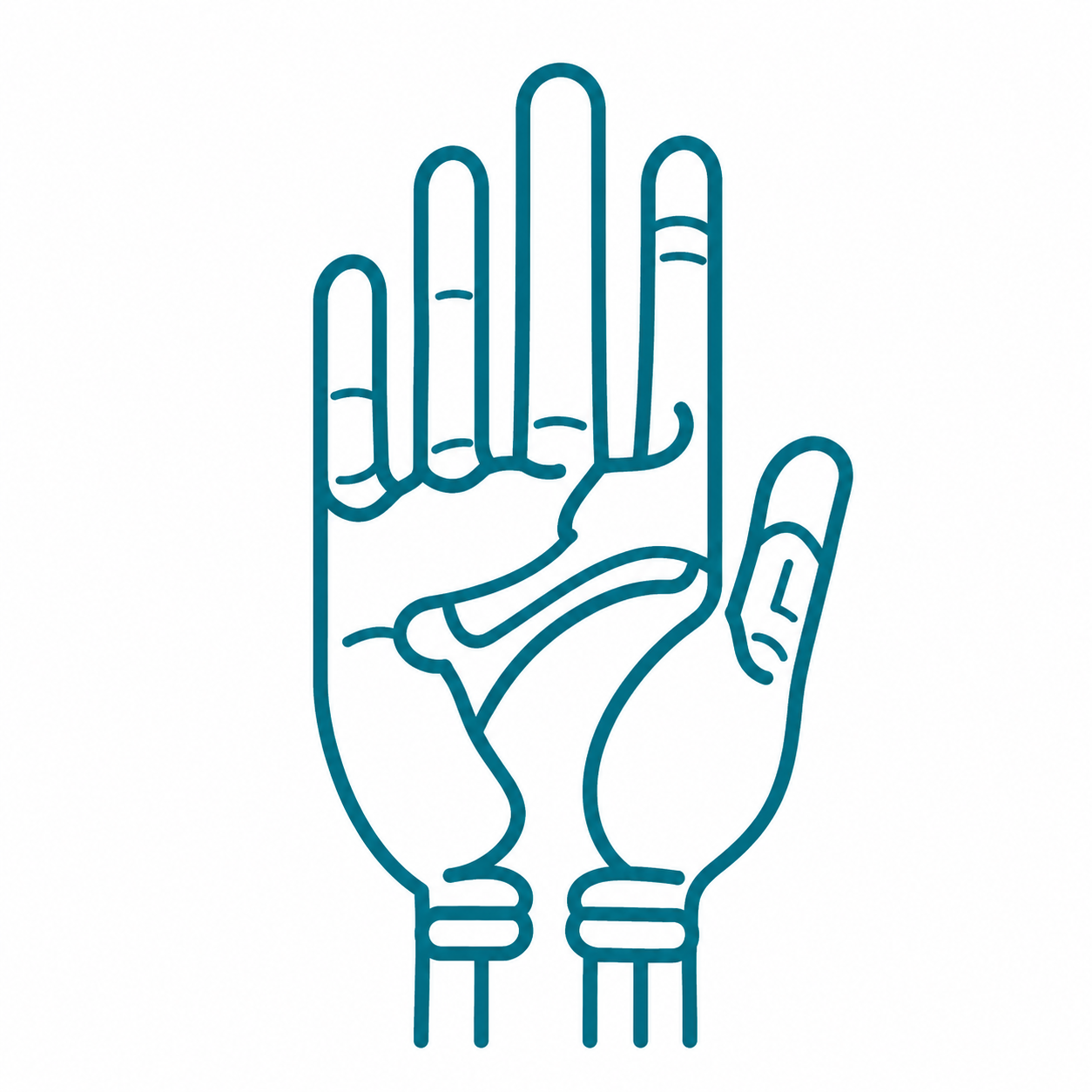 Line drawing of two hands in a raised hand gesture, with one hand overlapping the other.