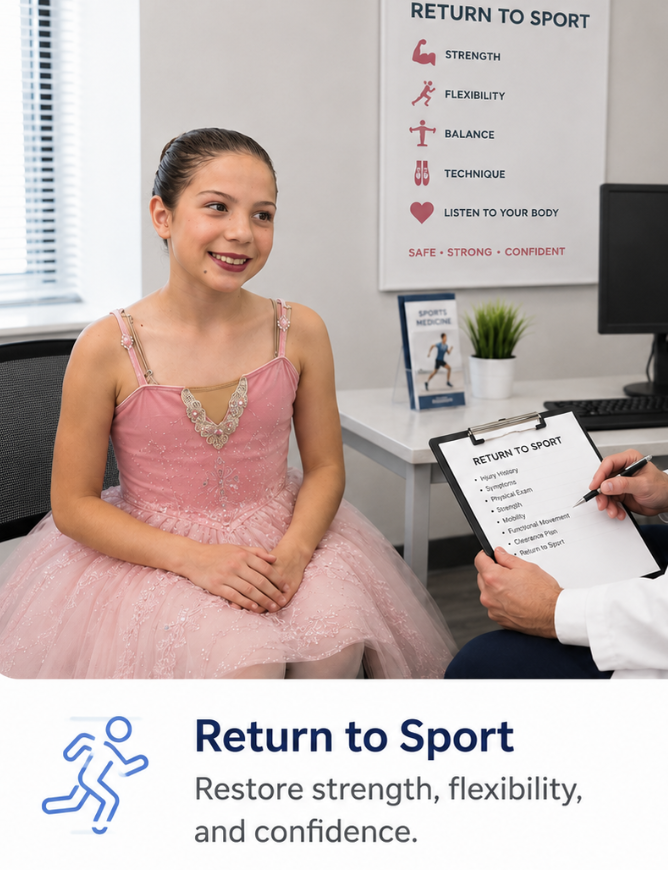 Young dancer discussing a safe return to sports after a hand or wrist injury.