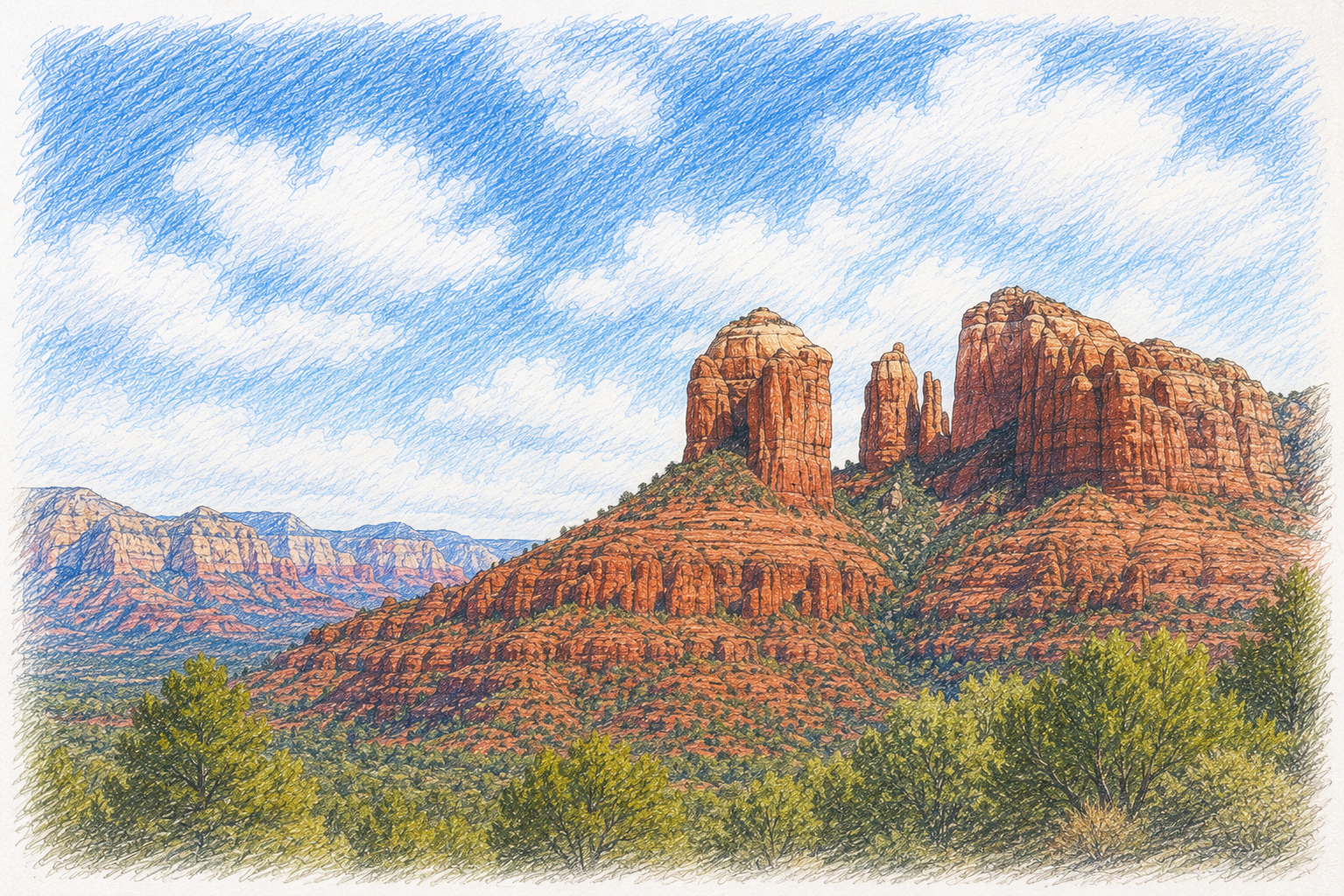 A colorful sketch of red rock formations, typical of Sedona, Arizona, with green trees in the foreground and a partly cloudy blue sky.
