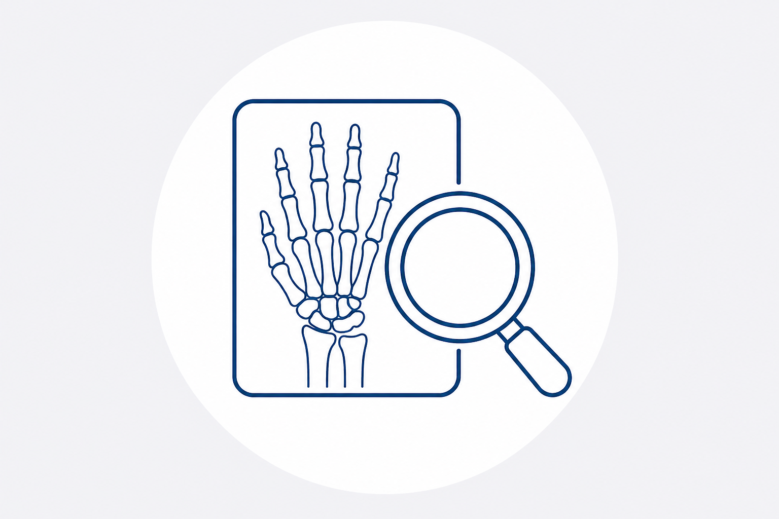 An illustration of a hand's skeletal structure with a magnifying glass over it.