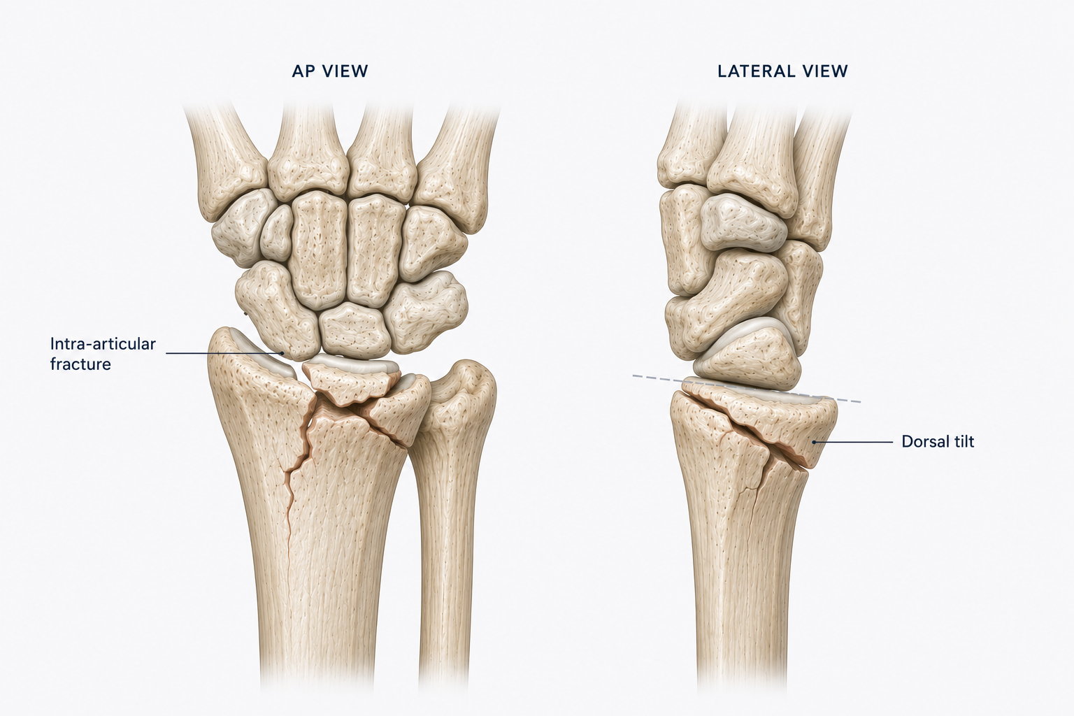Medical illustration of a broken wrist joint, showing an intra-articular fracture from an anterior view and dorsal tilt from a lateral view.