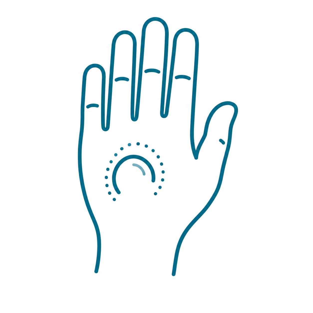 Line drawing of a human hand with a circular button on the palm, surrounded by dotted lines.
