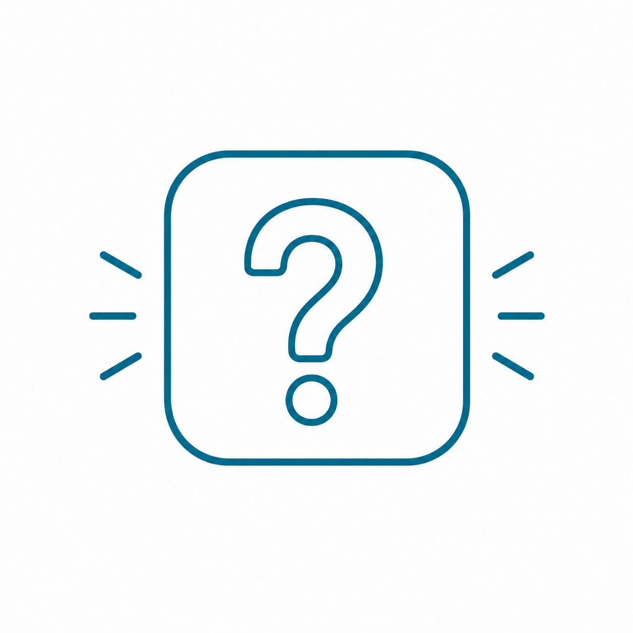 Line drawing of a question mark inside a square with rounded corners, surrounded by lines suggesting emphasis or excitement.