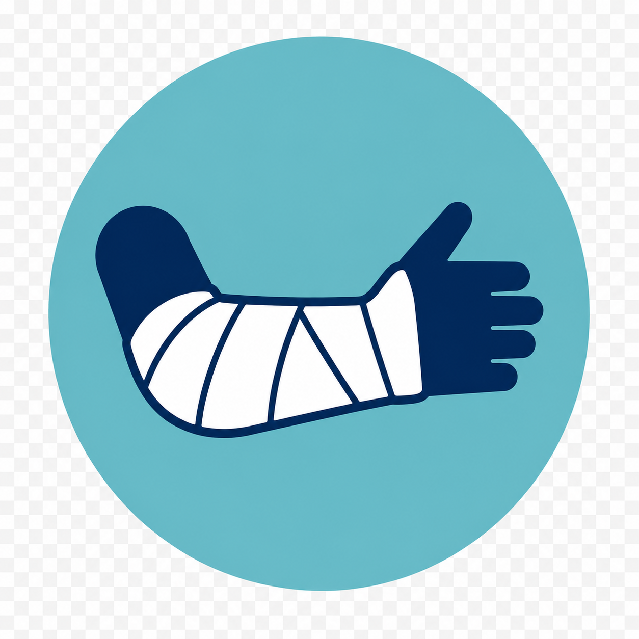 Illustration of a hand with a bandaged wrist making a thumbs up gesture on a light blue circular background.