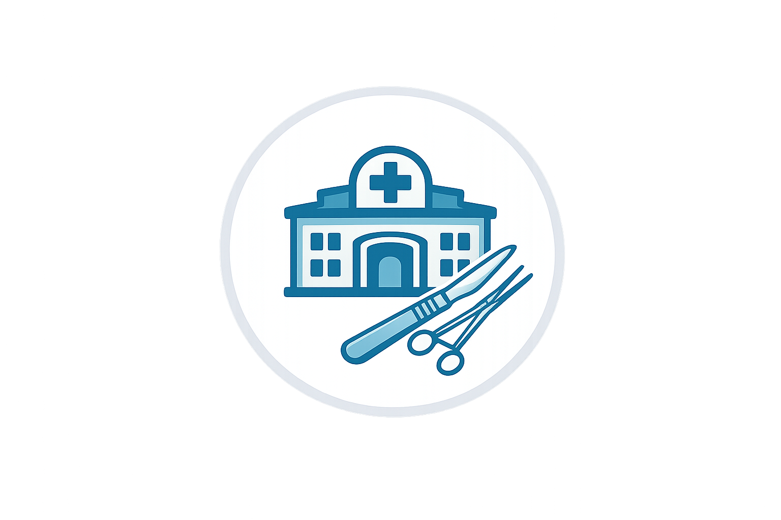 Icon of a hospital building with a cross on top, along with a surgical scalpel and scissors, representing healthcare or medical services.