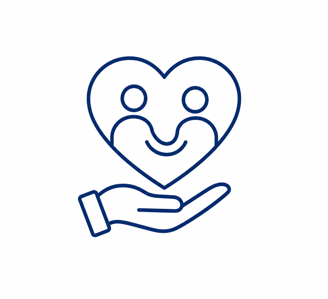 Line drawing of a hand holding a heart with two smiling faces inside, symbolizing care and compassion.