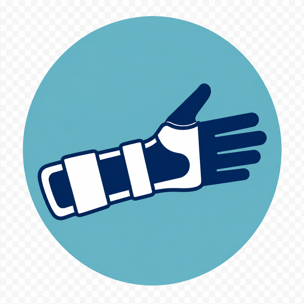 Illustration of a hand making a gesture with fingers pointing to the right, in navy and white, with a light blue circular background.