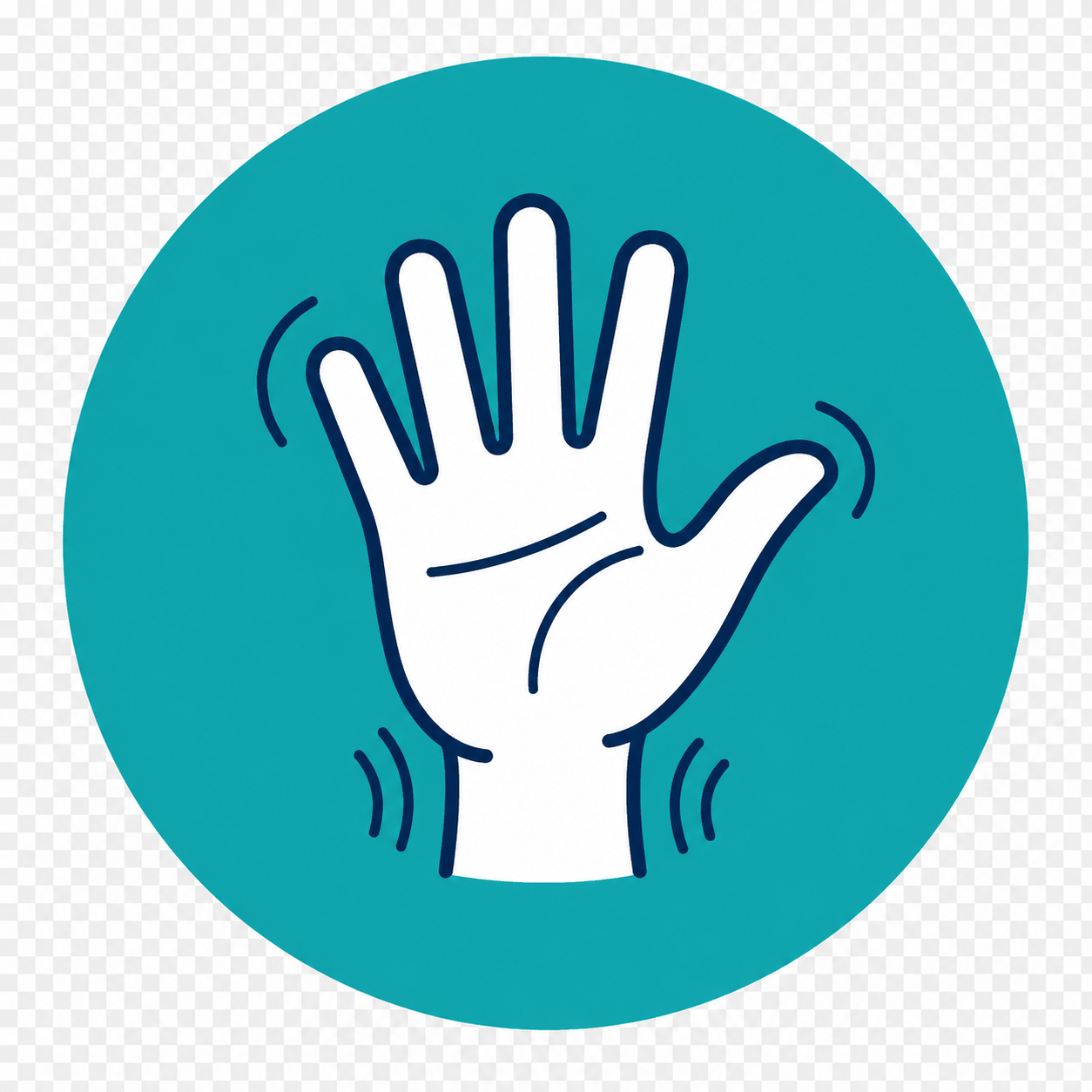 A digital illustration of a hand giving a high five, with motion lines around the hand indicating enthusiasm or greeting, set against a teal circular background.